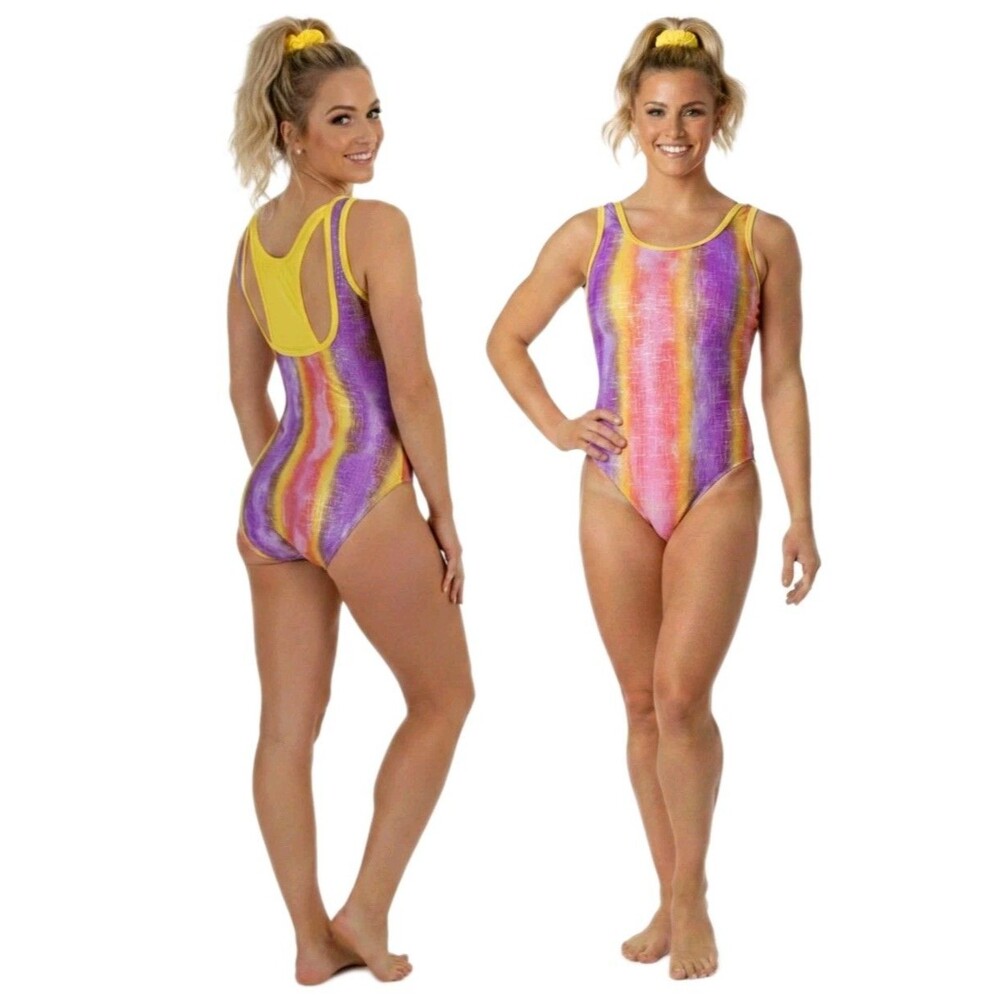 Satara VTG Racerback Rainbow Foiled Leotard Yellow Pink Juniors M (AS Petite)